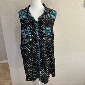 🩵 2/$15 Akemi + Kin Anthropology Black Teal Geo Print Sleeveless Top Size L